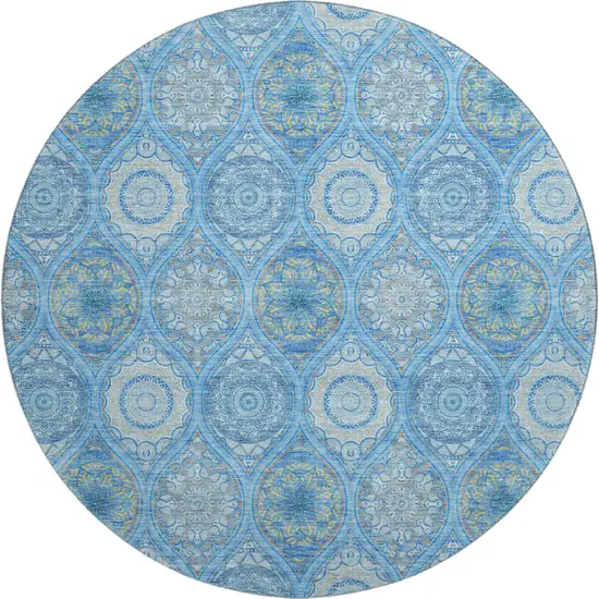 8' Denim Blue Ivory And Gray Ogee Washable Round Rug With UV Protection Photo 1