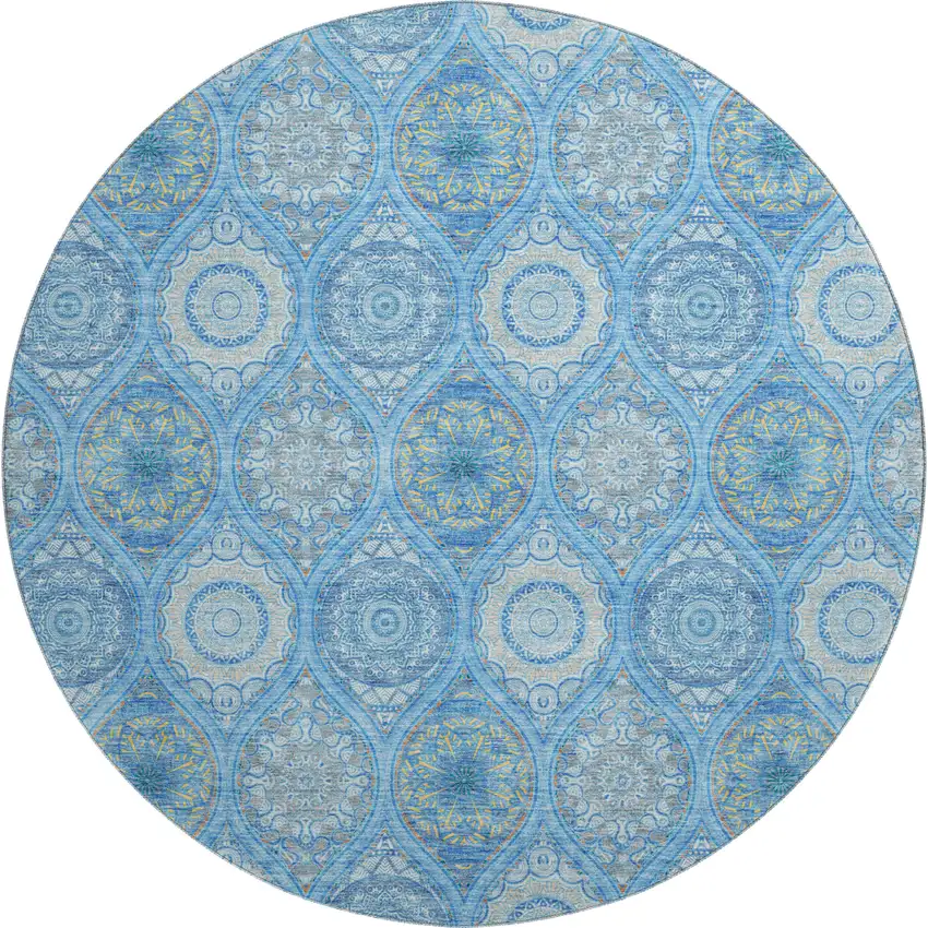8' Denim Blue Ivory And Gray Ogee Washable Round Rug With UV Protection Photo 1