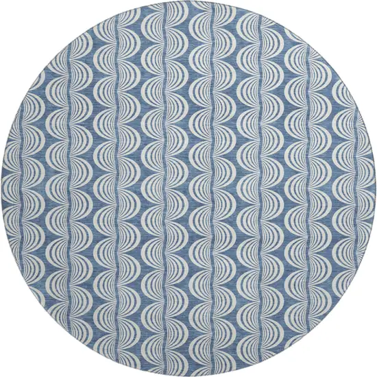 8' Denim Blue Ivory And Gray Ogee Washable Round Rug With UV Protection Photo 1