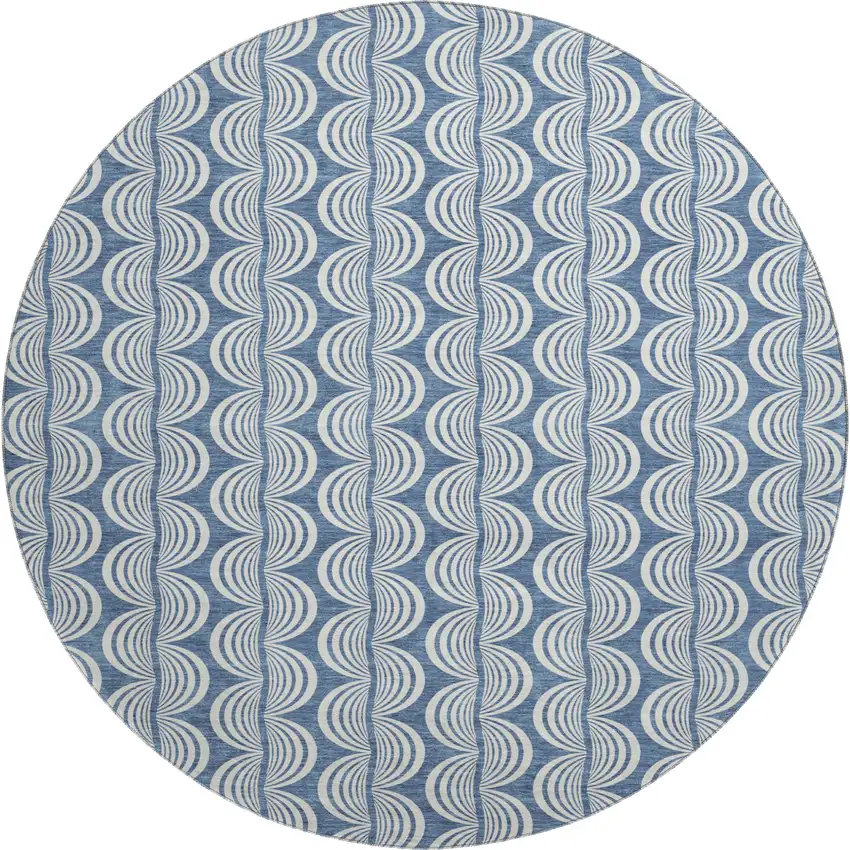 8' Denim Blue Ivory And Gray Ogee Washable Round Rug With UV Protection Photo 1