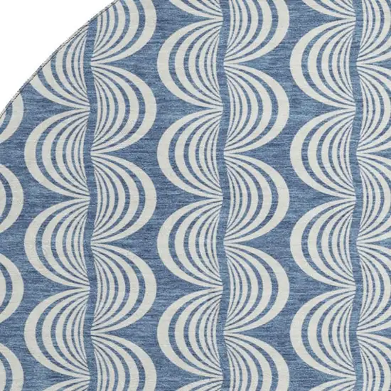 8' Denim Blue Ivory And Gray Ogee Washable Round Rug With UV Protection Photo 2