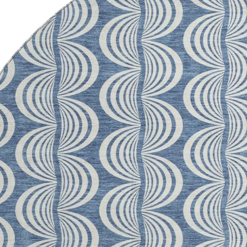 8' Denim Blue Ivory And Gray Ogee Washable Round Rug With UV Protection Photo 2