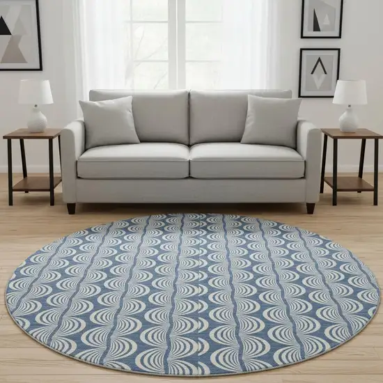 8' Denim Blue Ivory And Gray Ogee Washable Round Rug With UV Protection Photo 2