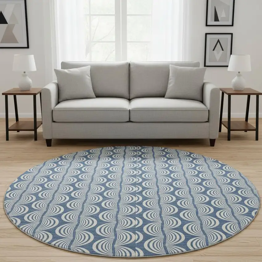 8' Denim Blue Ivory And Gray Ogee Washable Round Rug With UV Protection Photo 2