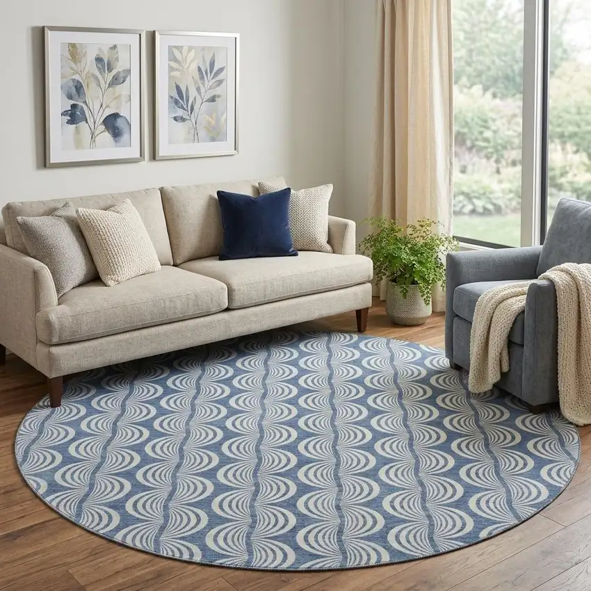 8' Denim Blue Ivory And Gray Ogee Washable Round Rug With UV Protection Photo 1