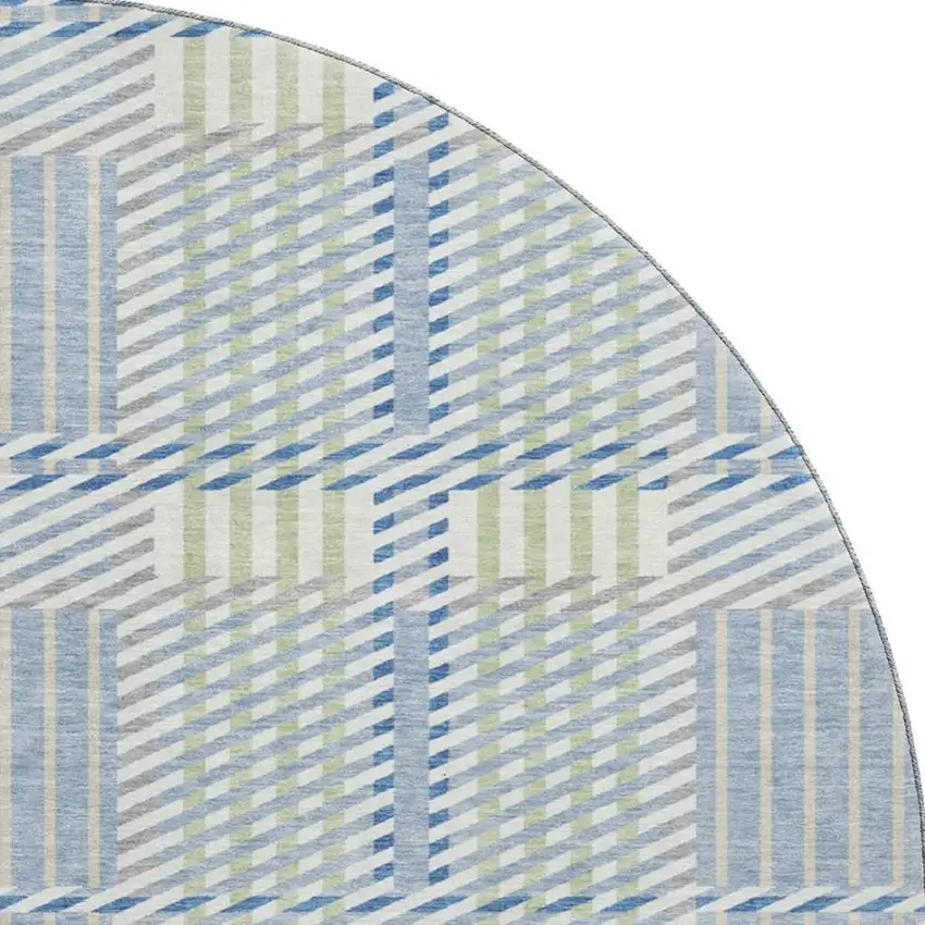 8' Denim Blue Ivory And Gray Plaid Washable Round Rug With UV Protection Photo 3