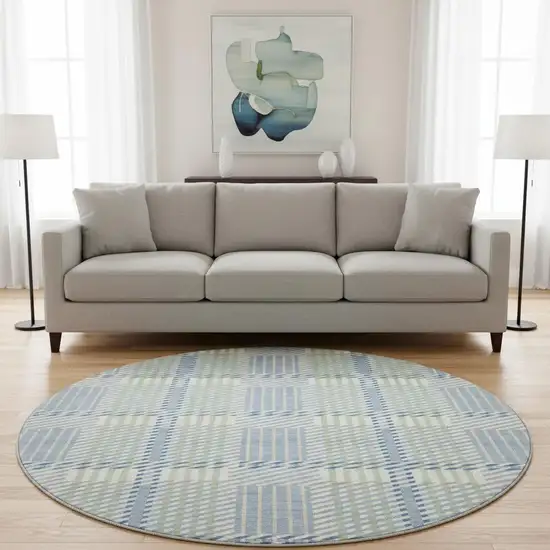 8' Denim Blue Ivory And Gray Plaid Washable Round Rug With UV Protection Photo 2
