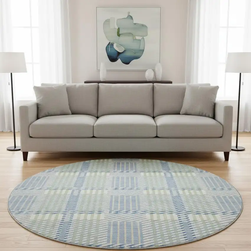 8' Denim Blue Ivory And Gray Plaid Washable Round Rug With UV Protection Photo 2