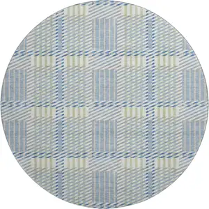 Photo of 8' Denim Blue Ivory And Gray Plaid Washable Round Rug With UV Protection