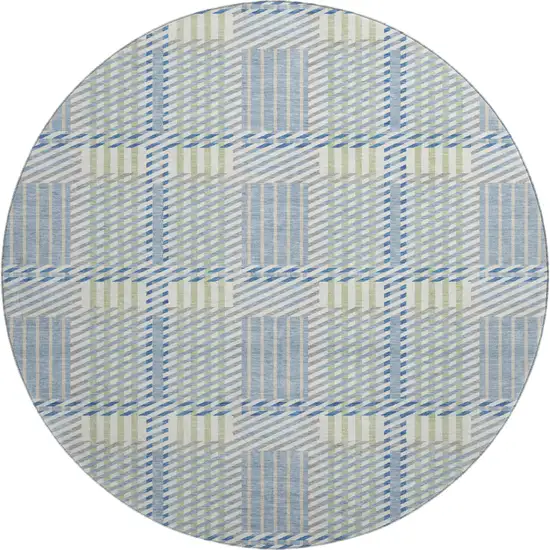 8' Denim Blue Ivory And Gray Plaid Washable Round Rug With UV Protection Photo 1