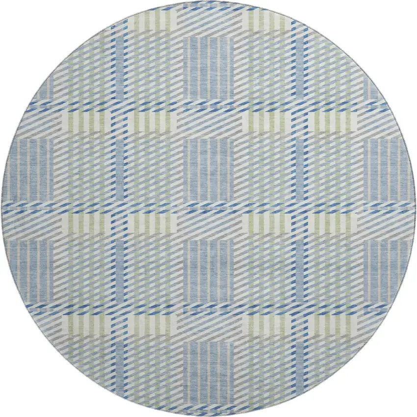 8' Denim Blue Ivory And Gray Plaid Washable Round Rug With UV Protection Photo 1