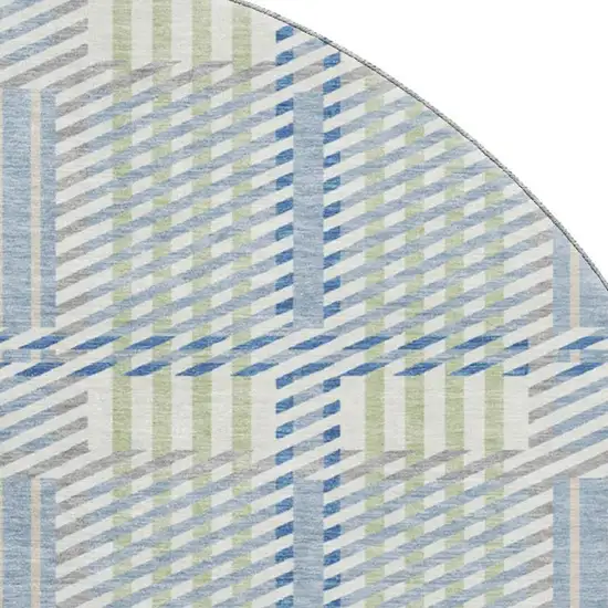 8' Denim Blue Ivory And Gray Plaid Washable Round Rug With UV Protection Photo 2