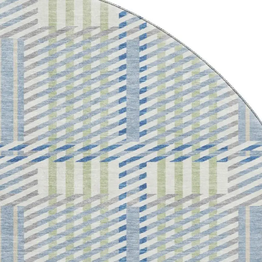 8' Denim Blue Ivory And Gray Plaid Washable Round Rug With UV Protection Photo 2