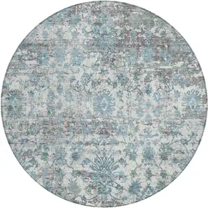 Photo of 8' Denim Blue Ivory And Gray Round Abstract Washable Indoor Outdoor Area Rug
