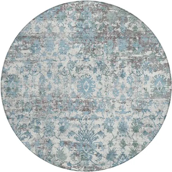 8' Denim Blue Ivory And Gray Round Abstract Washable Indoor Outdoor Area Rug Photo 1