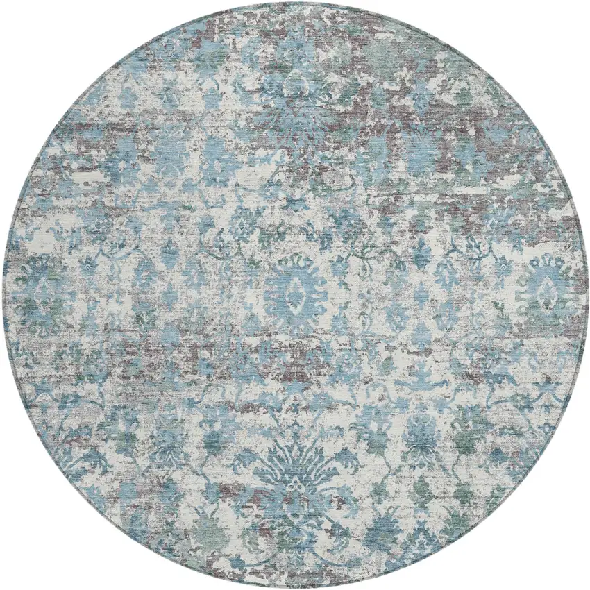 8' Denim Blue Ivory And Gray Round Abstract Washable Indoor Outdoor Area Rug Photo 1