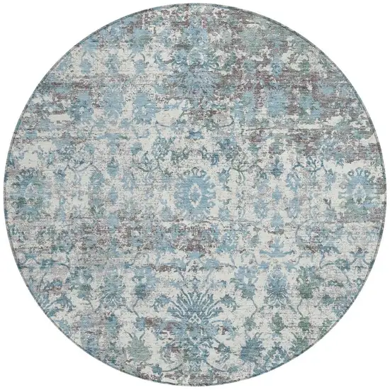 8' Denim Blue Ivory And Gray Round Abstract Washable Indoor Outdoor Area Rug Photo 4