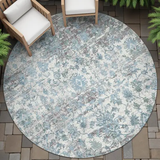 8' Denim Blue Ivory And Gray Round Abstract Washable Indoor Outdoor Area Rug Photo 6