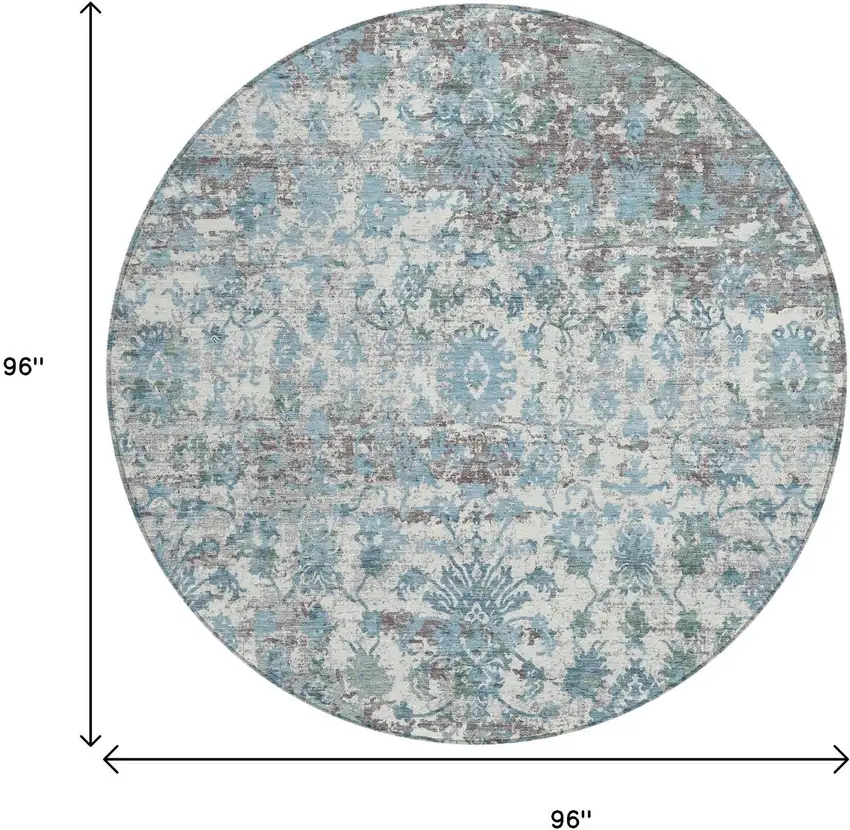 8' Denim Blue Ivory And Gray Round Abstract Washable Indoor Outdoor Area Rug Photo 8