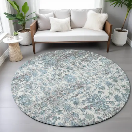 8' Denim Blue Ivory And Gray Round Abstract Washable Indoor Outdoor Area Rug Photo 7