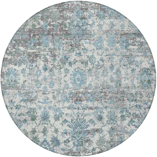 8' Denim Blue Ivory And Gray Round Abstract Washable Indoor Outdoor Area Rug Photo 3
