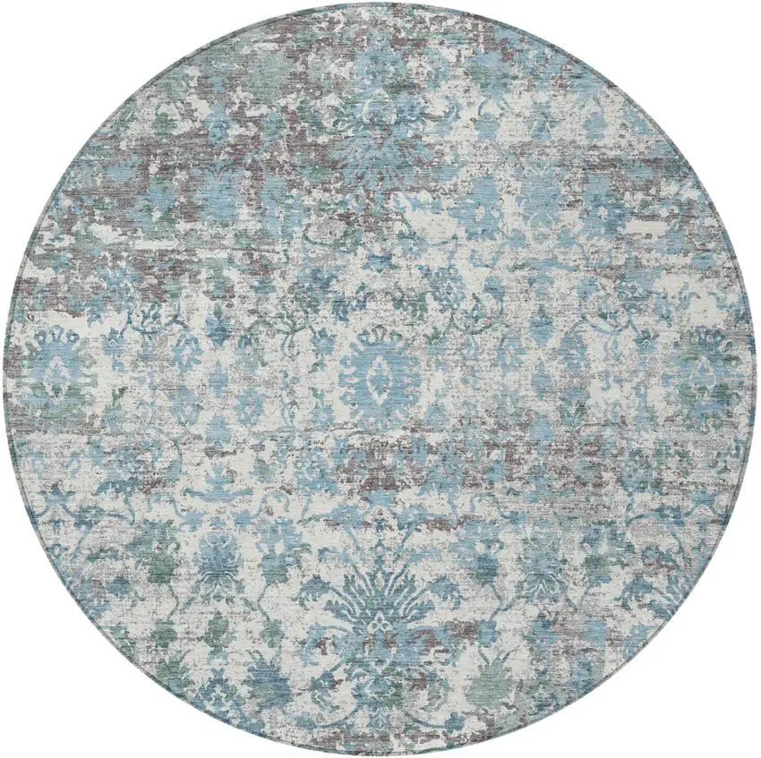 8' Denim Blue Ivory And Gray Round Abstract Washable Indoor Outdoor Area Rug Photo 3
