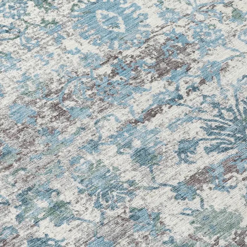 8' Denim Blue Ivory And Gray Round Abstract Washable Indoor Outdoor Area Rug Photo 9