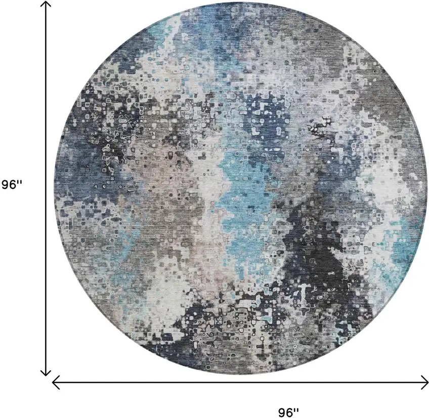 8' Denim Blue Ivory And Gray Round Abstract Washable Indoor Outdoor Area Rug Photo 3