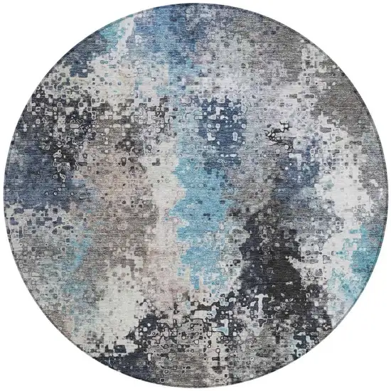 8' Denim Blue Ivory And Gray Round Abstract Washable Indoor Outdoor Area Rug Photo 4
