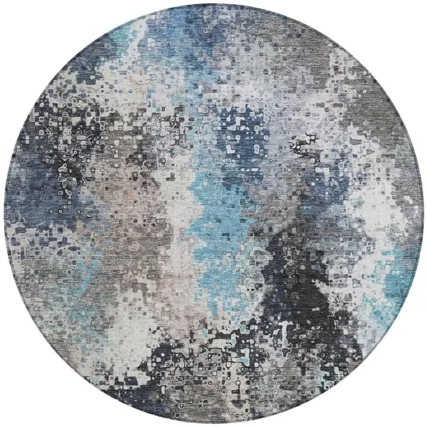 8' Denim Blue Ivory And Gray Round Abstract Washable Indoor Outdoor Area Rug Photo 4