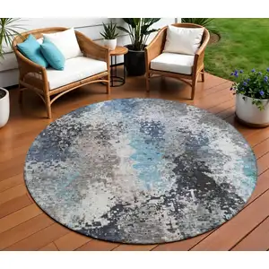 Photo of 8' Denim Blue Ivory And Gray Round Abstract Washable Indoor Outdoor Area Rug