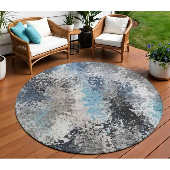 8' Denim Blue Ivory And Gray Round Abstract Washable Indoor Outdoor Area Rug Photo 1