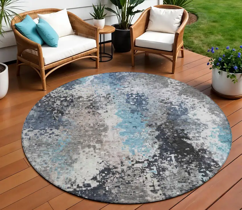 8' Denim Blue Ivory And Gray Round Abstract Washable Indoor Outdoor Area Rug Photo 1