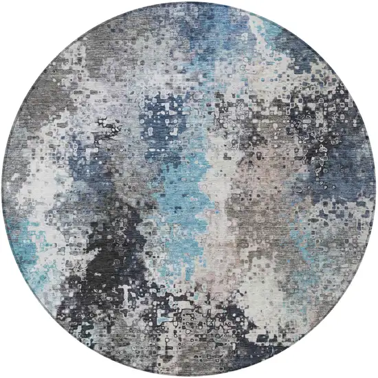 8' Denim Blue Ivory And Gray Round Abstract Washable Indoor Outdoor Area Rug Photo 5