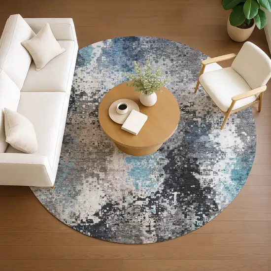 8' Denim Blue Ivory And Gray Round Abstract Washable Indoor Outdoor Area Rug Photo 8