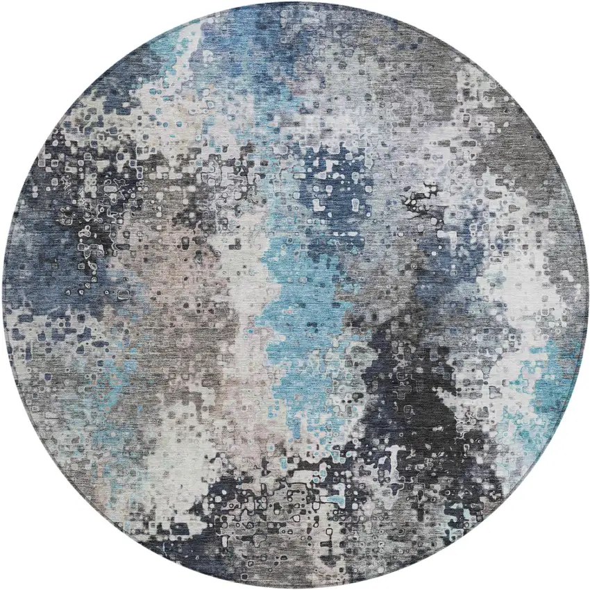 8' Denim Blue Ivory And Gray Round Abstract Washable Indoor Outdoor Area Rug Photo 2