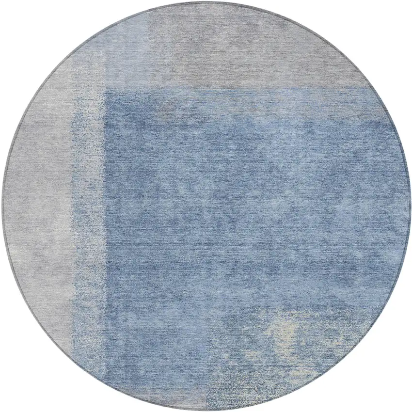 8' Denim Blue Ivory And Gray Round Abstract Washable Indoor Outdoor Area Rug Photo 2