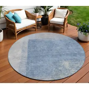 Photo of 8' Denim Blue Ivory And Gray Round Abstract Washable Indoor Outdoor Area Rug