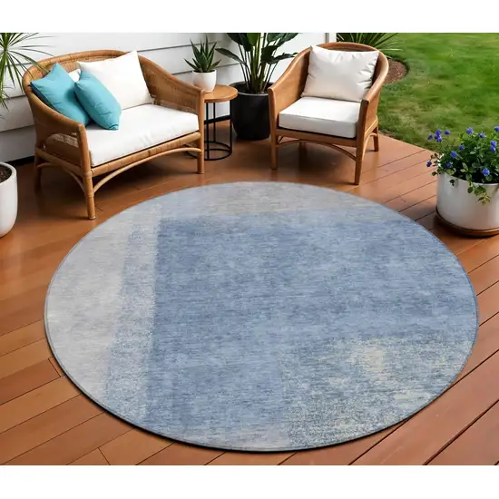 8' Denim Blue Ivory And Gray Round Abstract Washable Indoor Outdoor Area Rug Photo 1
