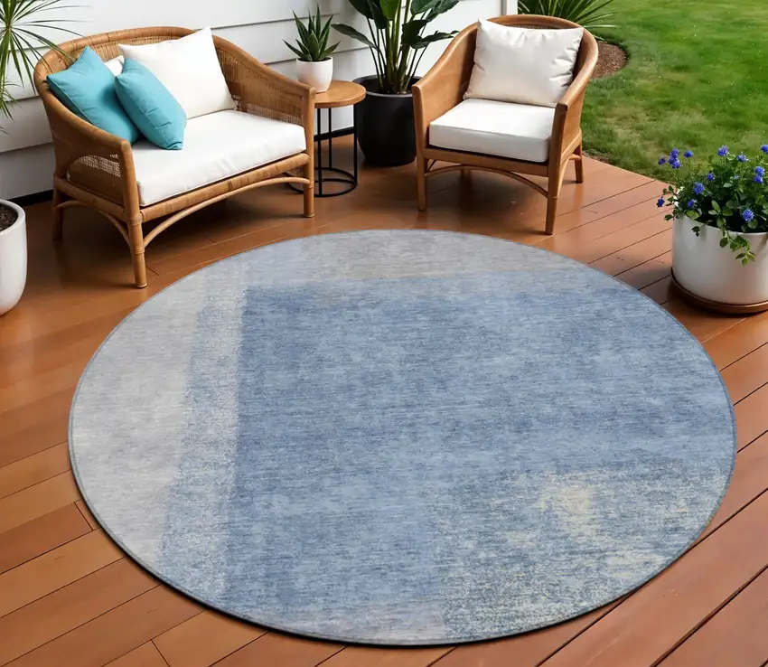 8' Denim Blue Ivory And Gray Round Abstract Washable Indoor Outdoor Area Rug Photo 1