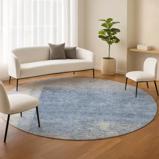 8' Denim Blue Ivory And Gray Round Abstract Washable Indoor Outdoor Area Rug Photo 9