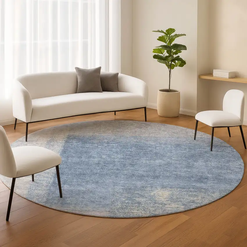 8' Denim Blue Ivory And Gray Round Abstract Washable Indoor Outdoor Area Rug Photo 9