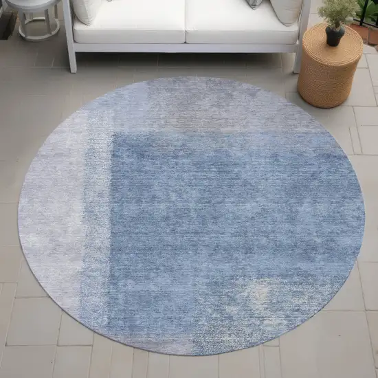 8' Denim Blue Ivory And Gray Round Abstract Washable Indoor Outdoor Area Rug Photo 8