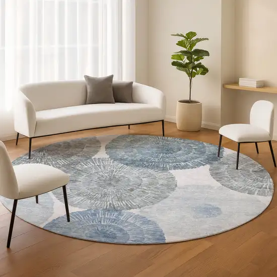 8' Denim Blue Ivory And Gray Round Abstract Washable Indoor Outdoor Area Rug Photo 9