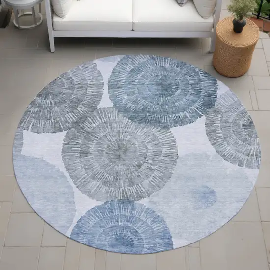 8' Denim Blue Ivory And Gray Round Abstract Washable Indoor Outdoor Area Rug Photo 9