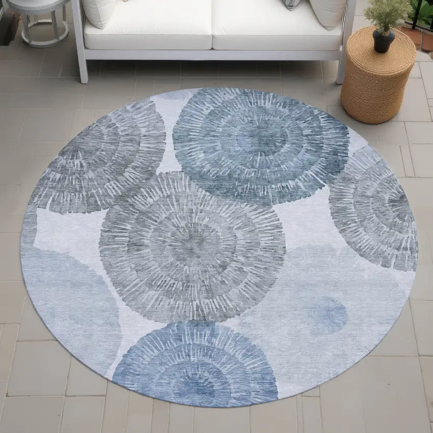 8' Denim Blue Ivory And Gray Round Abstract Washable Indoor Outdoor Area Rug Photo 9