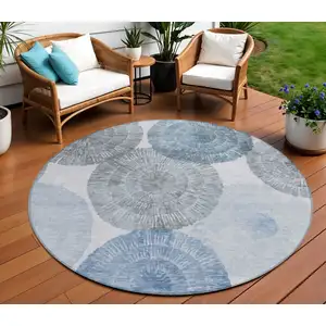Photo of 8' Denim Blue Ivory And Gray Round Abstract Washable Indoor Outdoor Area Rug
