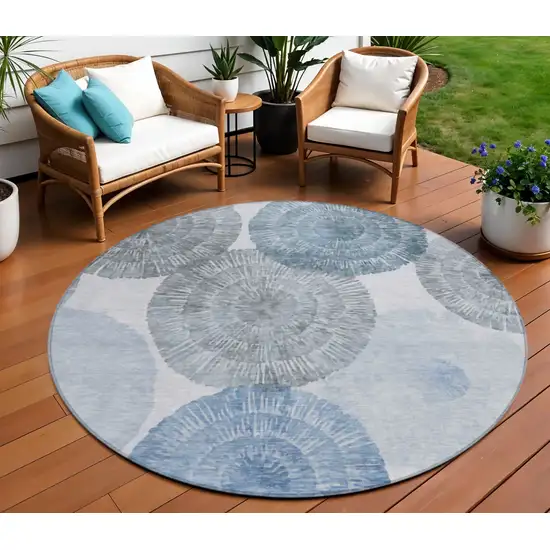 8' Denim Blue Ivory And Gray Round Abstract Washable Indoor Outdoor Area Rug Photo 1