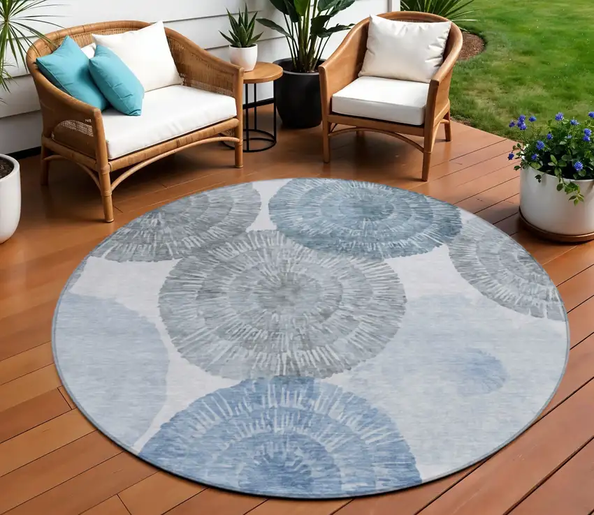 8' Denim Blue Ivory And Gray Round Abstract Washable Indoor Outdoor Area Rug Photo 1