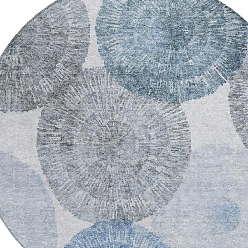 8' Denim Blue Ivory And Gray Round Abstract Washable Indoor Outdoor Area Rug Photo 8